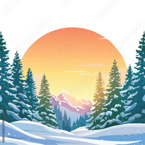 Winter landscape illustration with mountains and sunset in vector style