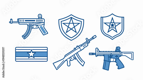 Collection of stylized blue icons representing weaponry and shield designs. A flat-style illustration