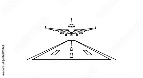 A line art illustration of an airplane descending towards a runway, depicting an aircraft landing.