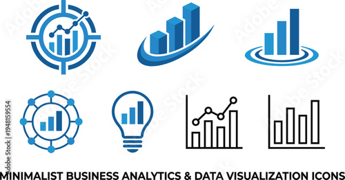 Minimalist business analytics and data visualization icon set featuring charts graphs target growth statistics dashboard elements for finance marketing presentation design