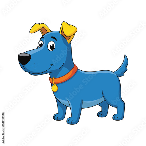 A blue cartoon dog with a yellow ear and orange collar