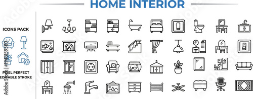 Home Interior and Furniture Outline Icon Set — Chairs, Tables, Lighting, Appliances, and Household Essentials for Interior, Apartment, and Office Design