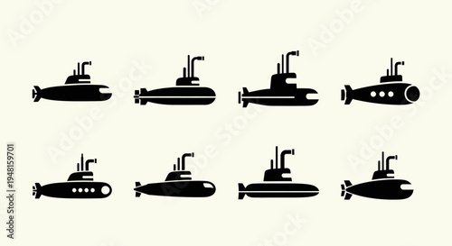 Collection of Diverse Submarine Silhouettes Isolated on Cream Background