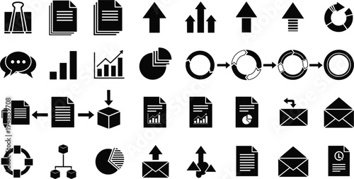 Vector Set of Business and Communication Icons Featuring Files, Arrows, Graphs, Charts, Messages, Email, and Data Flow Diagrams