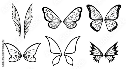 Collection of Fantasy Wings: Butterfly, Fairy, Angel Styles - Black and White Line Art