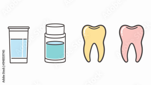 Colorful illustrated dental care, featuring a glass, mouthwash bottle and two tooth images