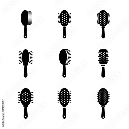 Collection of Hair Brushes Icons, Black Silhouettes on White Background