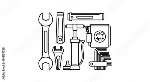 A collection of bicycle repair tools including wrenches, a pump, and hex keys, arranged on a white background.