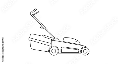 Simple line art illustration of a push lawnmower with a grass collection bag on a white background.