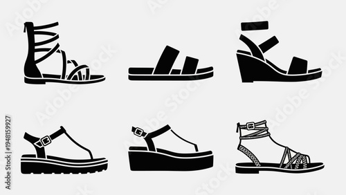 Collection of Six Different Black Sandals and Footwear Silhouettes