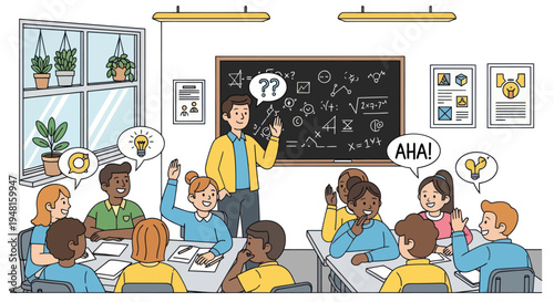 Students Raising Hands in Math Class with Teacher Explaining Equations on Blackboard