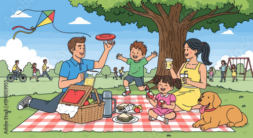 Family Picnic Fun: Parents, Kids, Dog Enjoying Outdoors with Kite and Frisbee