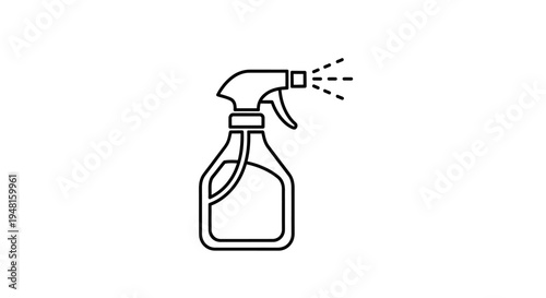Line art icon of a spray bottle emitting liquid, commonly used for cleaning or gardening.
