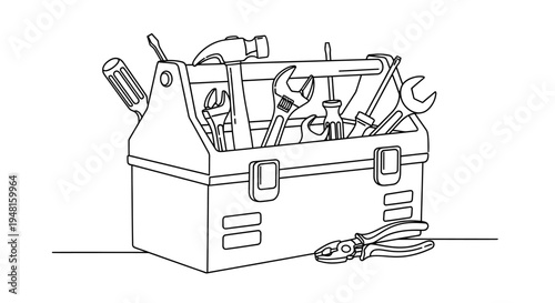 Line art illustration of an open toolbox filled with various hand tools like wrenches, screwdrivers, and a hammer, with pliers resting beside it.