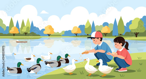 Children feeding ducks by a serene lake in a park, summer day, flat illustration