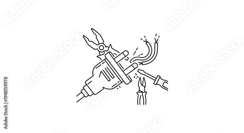 Line art illustration depicting electrical repair with a plug, damaged wires, and tools like pliers and a screwdriver.