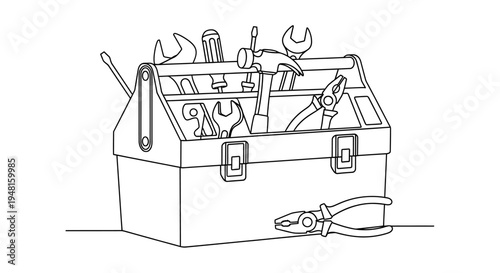 A continuous line art drawing of an open toolbox filled with various hand tools, including wrenches, a hammer, and screwdrivers, with pliers resting beside it.