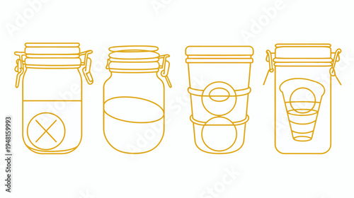 A group of four illustrated jars and containers with golden outlines on a white background