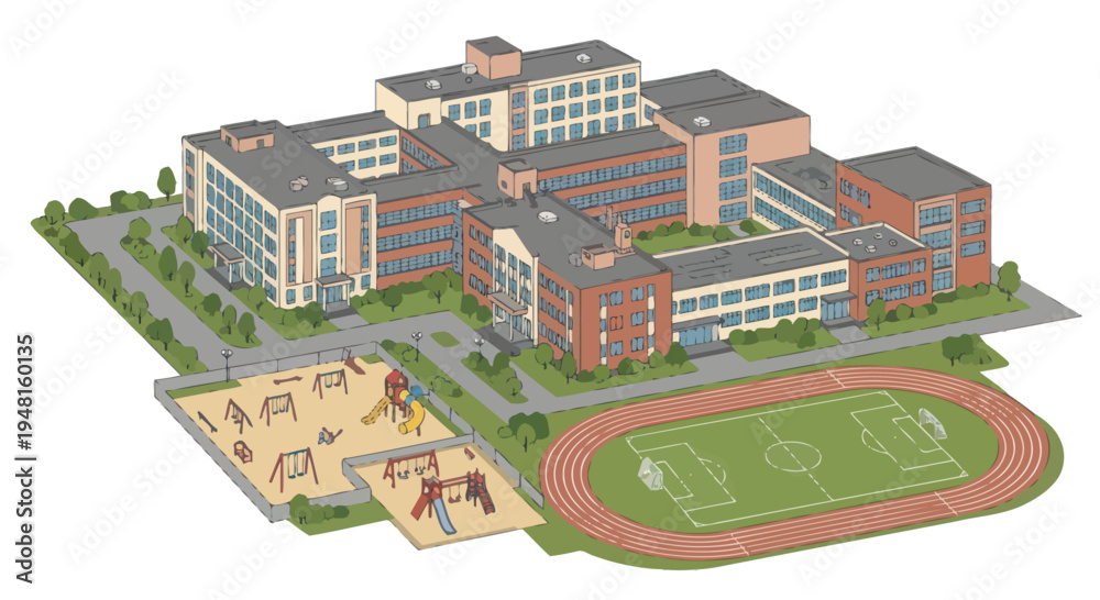 Naklejka premium Modern School Campus with Sports Facilities and Playground