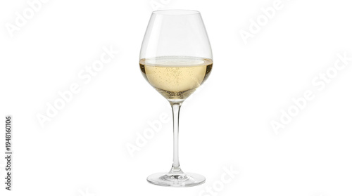Elegant Crystal Wine Glass Filled with Chilled White Wine Isolated on White Background