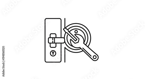 Line art icon depicting a door lock being repaired or installed with a wrench, symbolizing security and maintenance tasks.