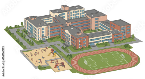 Modern School Campus with Sports Facilities and Playground