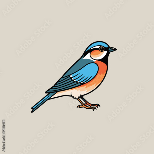 Colorful Bird Illustration - Elegant Small Songbird with Blue and Orange Feathers