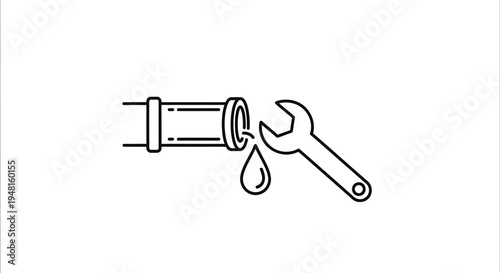 A line art illustration depicting a leaking pipe with a water drop and a wrench, symbolizing plumbing repair and maintenance.