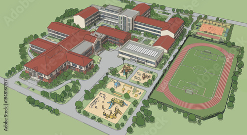 Aerial View of a Modern School Campus with Sports Facilities and Playground