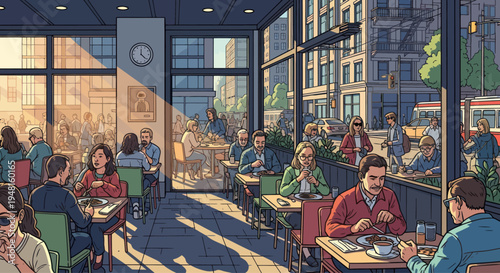 Busy City Cafe Interior with Outdoor Street Scene View