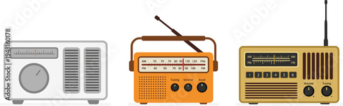 Retro vintage radio receiver icon set with classic broadcast devices antennas speakers and knobs representing old technology audio equipment