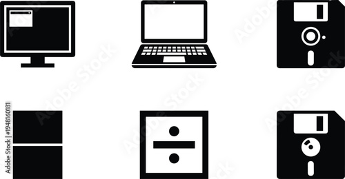 Set of computer hardware and data storage device icons including monitor laptop floppy disk refrigerator cabinet simple technology silhouettes