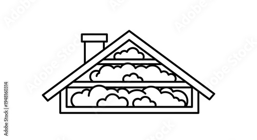 Line art illustration of a house attic filled with fluffy clouds, symbolizing insulation or ventilation concepts.