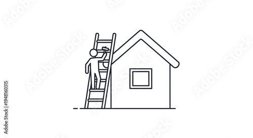 Simple line art illustration of a person on a ladder painting the exterior wall of a house.