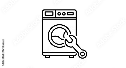 Line art icon of a washing machine with a wrench, symbolizing appliance repair and maintenance services.