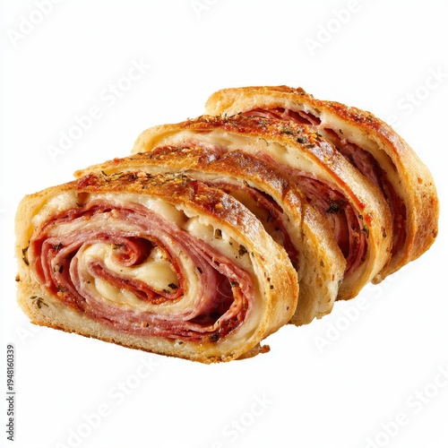 Golden-baked Italian Stromboli, generously filled with savory deli meats (salami, pepperoni, ham) and gooey melted provolone cheese, perfectly sliced for an appealing display on a white background.