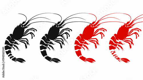 Four shrimp silhouettes are arranged in a row, two black and two in red color