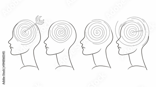 Line art of four heads with spiraling thoughts, an arrow piercing the first head