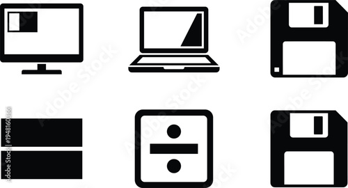 Set of computer hardware and data storage icons including desktop monitor laptop floppy disks and minimal device symbols technology collection