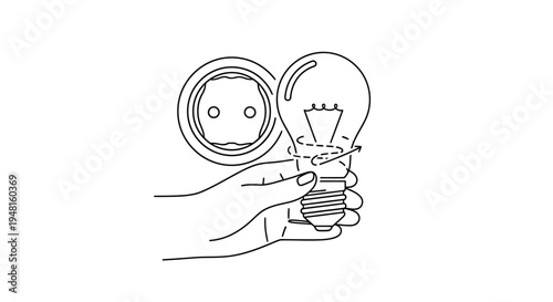 Line drawing of a hand holding a broken light bulb next to an electrical outlet, symbolizing a power issue or a faulty connection.