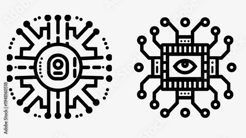 Two black and white icons depicting circuit boards and artificial intelligence concepts