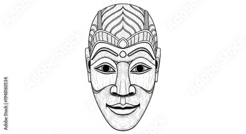 Detailed Line Art of a Traditional Javanese Mask.