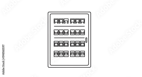 Line drawing of a household electrical fuse box or circuit breaker panel.