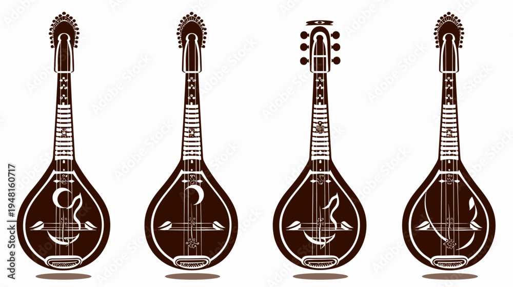 Fototapeta premium Four stringed instruments are displayed in outline against white background, brown hue