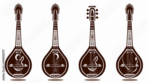 Four stringed instruments are displayed in outline against white background, brown hue