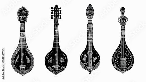 Four stylized, ornate lute-like instruments in black and white, detailed, vintage aesthetic