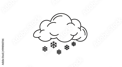 A simple black and white line art illustration of a cloud with snowflakes falling, depicting winter weather.