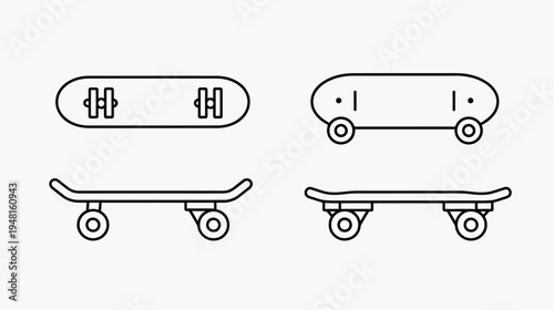 Four line-art skateboards two top views, two side views, on white background