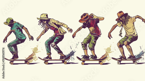 Cartoonish illustration of four people skateboarding with hats and relaxed poses