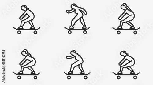 Six skater figures, minimal line art on white